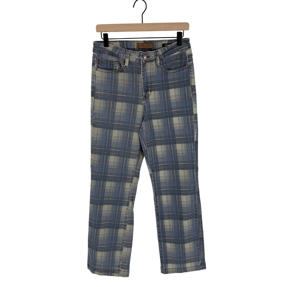 Judy Blue Plaid Straight Fit Jeans Blue 7/28 High Rise Stretch Heritage Coastal